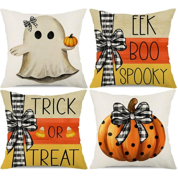 Halloween Pillow Covers 18x18 Set of 4 Happy Fall Pumpkin Halloween Pillows Decorative Autumn Thanksgiving Quotes Thankful Grateful Blessed Throw Pillows Cushion Case Farmhouse Decorations F015-18