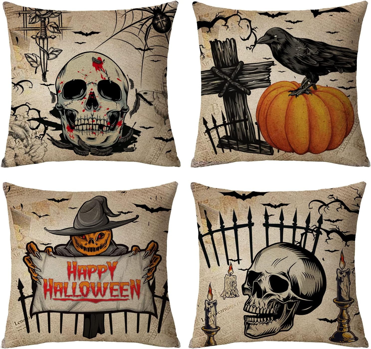 Halloween Pillow Covers 18x18 Set of 4 Vintage Scary Halloween Decorative Throw Pillows Cover Skull Pumpkin Owl Crow Pillow Cases Home Outdoor Sofa Couch Cushion Covers for Halloween Decor 18 by 18 Wa...