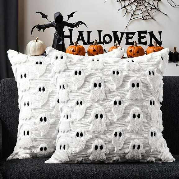 Halloween Pillow Covers 18x18 Set of 2 Ghosts Decorative Throw Pillow Covers Holiday Canvas Embroidered Cushion Covers for Couch Sofa Bed Living Room