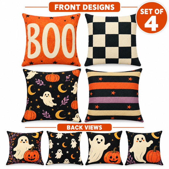 Halloween Pillow Covers 18x18 Set of 4, Ghost Pumpkin Boo Throw Pillow Covers for Couch Sofa Fall Halloween Decor Boo Ghost Checkerboard