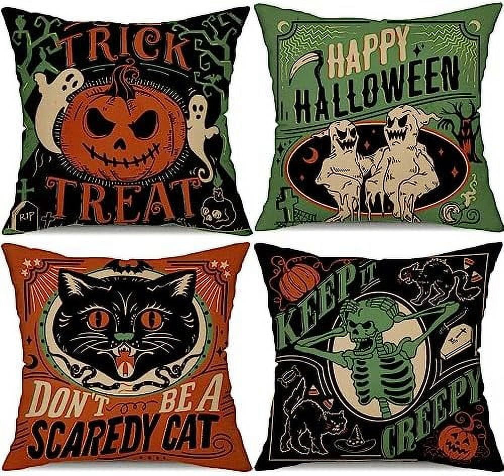 Halloween Pillow Covers 18x18 Set of 4 Vintage Halloween Decor Scaredy Cats Pumpkins Skeletons Trick or Treat Decorative Pillow Covers for Home Sofa Walmart
