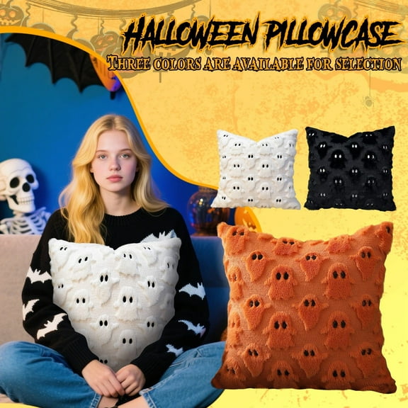 Halloween Pillow Covers 18x18 inch Black Ghost Throw Pillow Cases Soft Plush Faux Fur Wool Couch Cushion Case for Chair Sofa Bedroom Living Room Home Decor