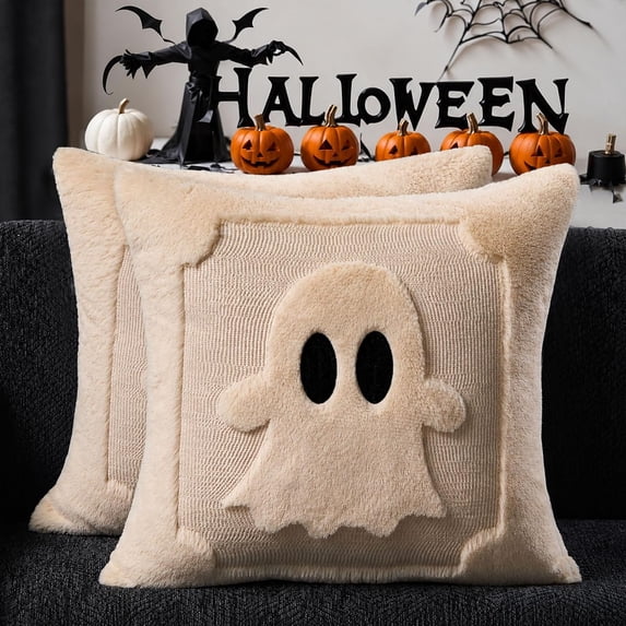 Halloween Pillow Covers 18x18 inch Set of 2, Black Eyes Beige Ghost Throw Pillow Cases Soft Plush Faux Fur Wool Couch Cushion Case for Chair Sofa Bedroom Living Room Home Decor