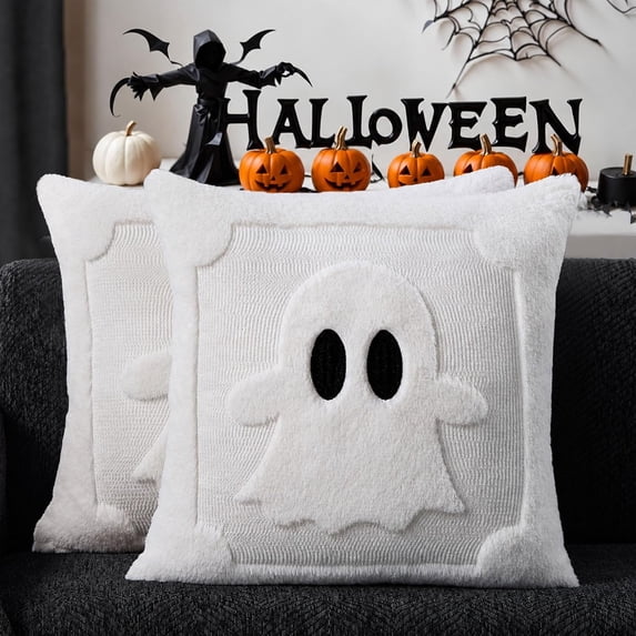 Halloween Pillow Covers 18x18 inch Set of 2, Black Eyes White Ghost Throw Pillow Cases Soft Plush Faux Fur Wool Couch Cushion Case for Chair Sofa Bedroom Living Room Home Decor