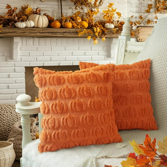 Halloween Pillow Covers 18x18 inch Set of 2 Ghost Throw Pillow Cases Autumn Rust Pumpkin Throw Pillow Cases Soft Plush Faux Fur Wool Couch Cushion Case for Chair Sofa Bedroom Living Room Home Decor