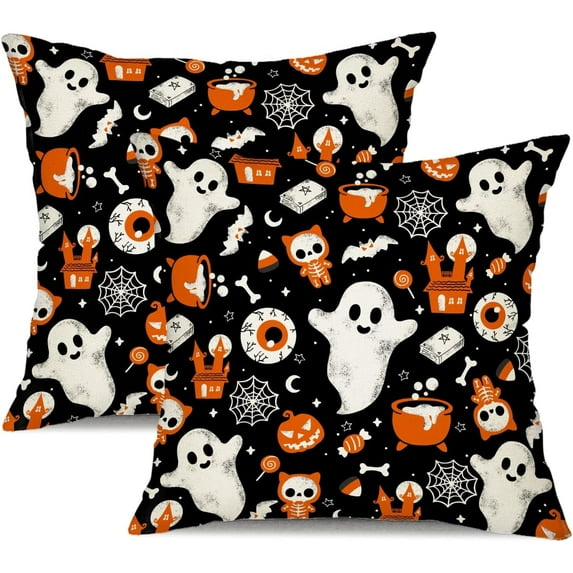 Halloween Pillow Covers 18x18 inch Set of 2 Ghosts Candy Pumkin Decorations Black Halloween Pillows Decorative for Halloween Home Decor for Sofa Chair Couch