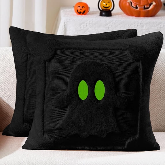Halloween Pillow Covers 18x18 inch Set of 2, Green Eyes Black Ghost Throw Pillow Cases Soft Plush Faux Fur Wool Couch Cushion Case for Chair Sofa Bedroom Living Room Home Decor