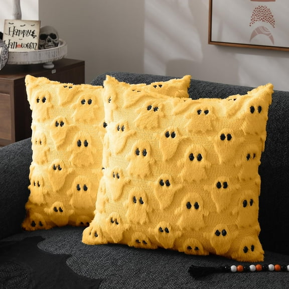 Halloween Pillow Covers 18x18 inch Set of 2 Yellow Ghost Throw Pillow Cases Soft Plush Faux Fur Wool Couch Cushion Case for Chair Sofa Bedroom Living Room Home Decor PTK03H18