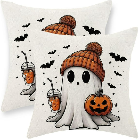Halloween Pillow Covers 20x20 Set of 2 Pumpkin Black Bats Cute Ghost Throw Pillow Covers Halloween Decorations Outdoor Pillowcase for Halloween Home Decor Linen Cushion Case for Couch Sofa