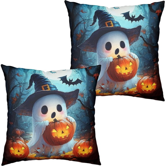 Halloween Pillow Covers 20x20 Spooky Ghost Holding Jack-O''-Lantern Throw Pillow Covers Horror Night Pillow Case Pumpkin Bats Cushion Case for Outdoor Living Room Party 2 Pack