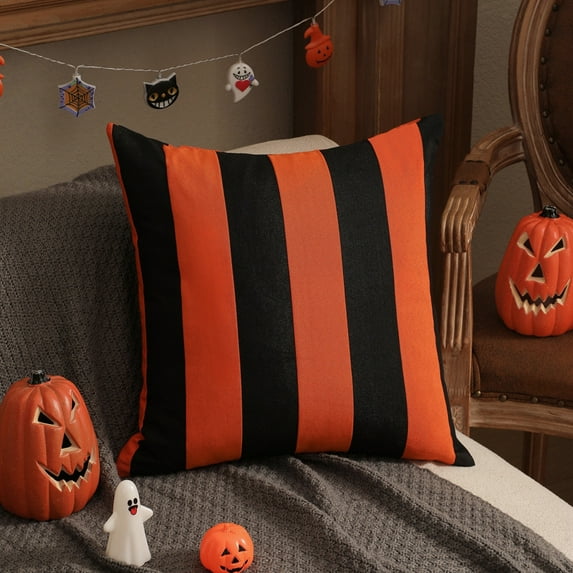 Halloween Pillow Covers Buffalo Orange and Black Plaid Stripe Throw Pillow Covers, 18 x 18 Inch Cotton Pillow Cover Halloween Farmhouse Cushion Case for Sofa Couch Patio Outdoor Home Decor