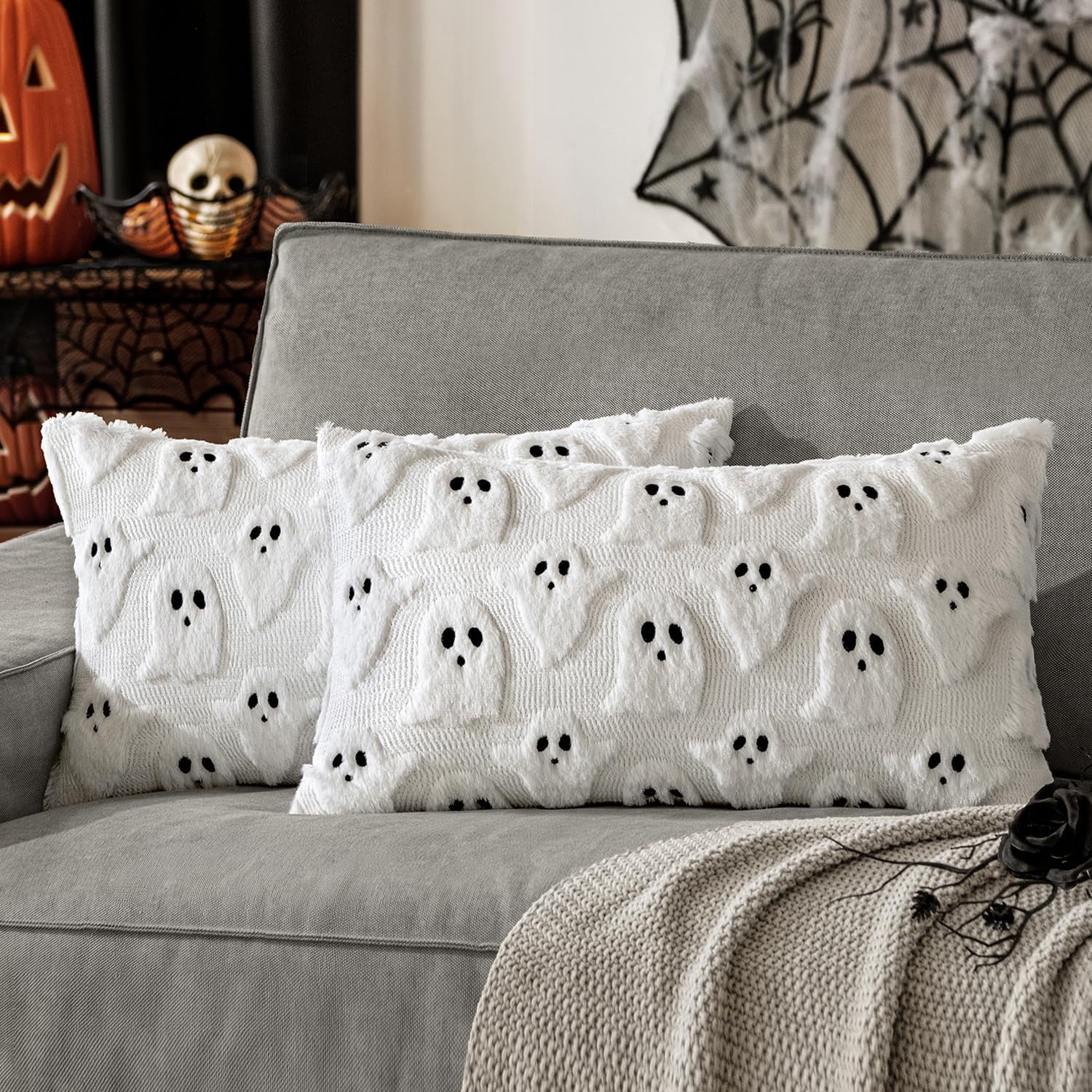 Coussin Déco Halloween Fantôme Spooky Boo, Rayures Noires Et Blanches, Deux Motifs