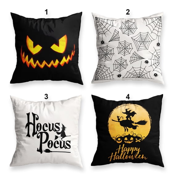Halloween Pillow Covers, Halloween Decoration, Hocus Pocus, Scary Pumpkin, The Witch, White and Black, Set of 4 Pillow Covers - 17x17 in