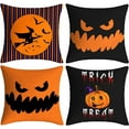 thumbnail image 1 of Halloween Pillow Covers Set of 4 18x18 Linens Cotton Witches Striped Grimace Ghost Black Orange Pumpkin Trick or Treat Cute Decor Outdoor Farmhouse Cushion Accents Holiday Case Sofa Couch, 1 of 5