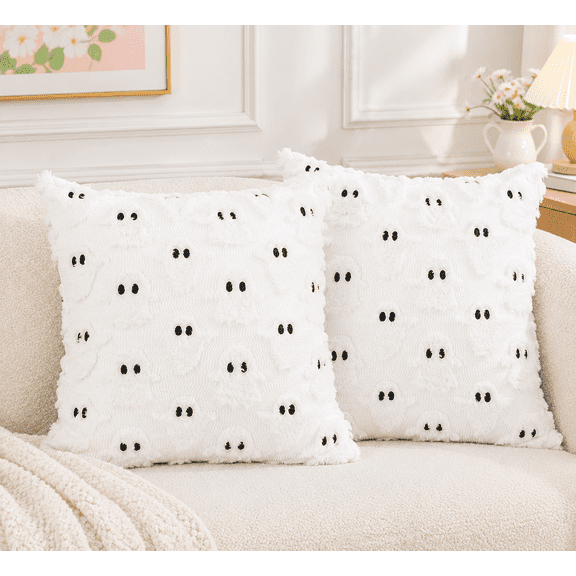 Halloween Pillow Covers,White Ghost Throw Pillow Cases, Soft Plush Faux Fur Cushion Covers for Couch Sofa Chair 18x18(2PCS)