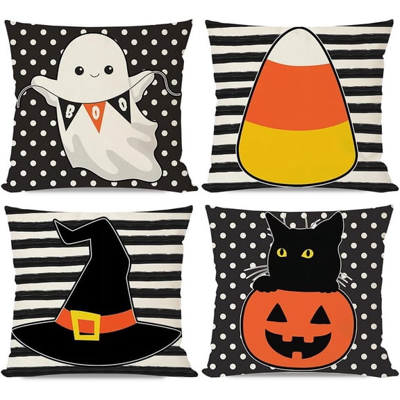 Halloween Pillows Covers 18x18 Set of 4 Black Cat Pumpkin Ghost Witch Hat Candy Corn Black Stripe Polka Dot Halloween Decorations Indoor Outdoor Decorative Throw Pillow Cases for Home Decor