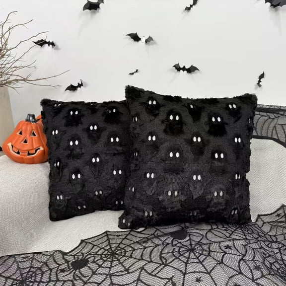 Halloween Pillows,Halloween Decorations Pillow Covers 18x18 inch Set of 2 White Ghost Throw Pillow Cases Soft Plush Faux Fur Wool Decorative Living Room Case,Fall Decor,Pumpkin Decor,D