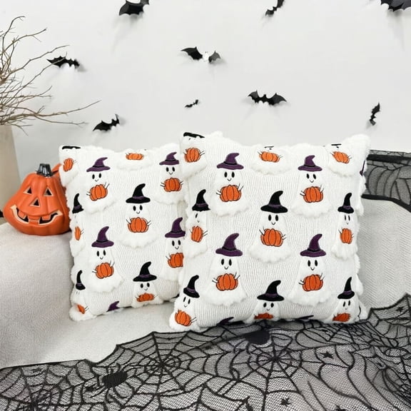 Halloween Pillows,Halloween Decorations Pillow Covers 18x18 inch Set of 2 White Ghost Throw Pillow Cases Soft Plush Faux Fur Wool Decorative Living Room Case,Fall Decor,Pumpkin Decor,A
