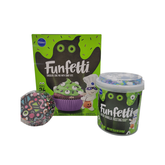 Halloween Pillsbury Funfetti 15.25 oz Chocolate Cake Mix, and Funfetti Green Vanilla Frosting with Sprinkle top and 48 Bright Candy Cupcake Liners