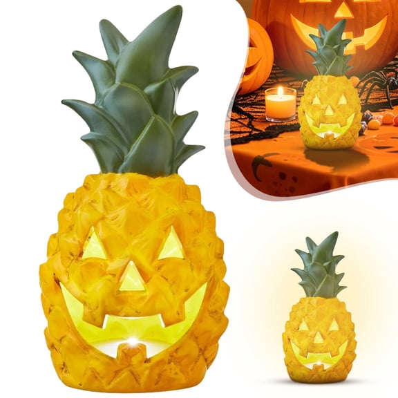 Halloween Pineapple Lamp 6.5 Inch, Battery Operated LED Pineapple Light, LED Light Up Resin Jack O' Pineapple Ornament, Tropical Table Decor for Home, Bedroom, Coastal Decor Gift