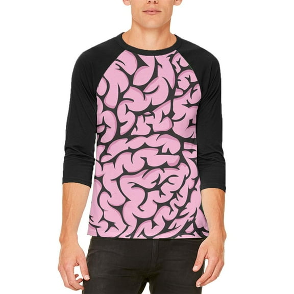 Halloween Pink Brains Costume Mens Raglan T Shirt White-Black X-LG