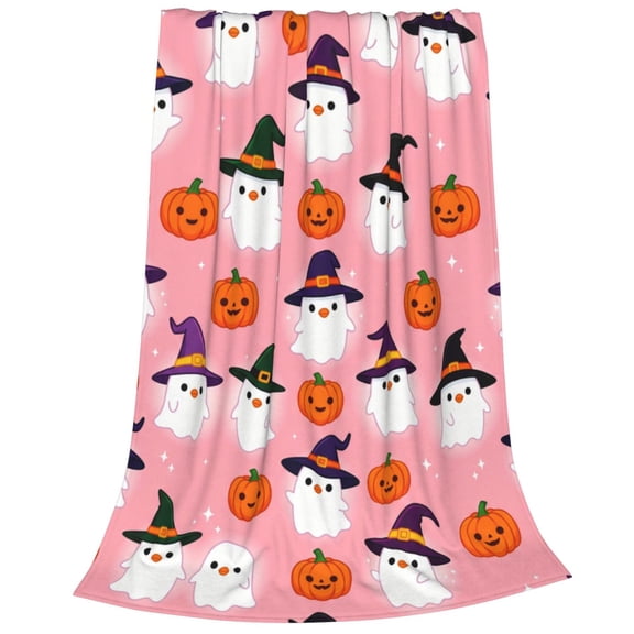 Halloween Pink Flannel Blanket, Ghost Pumpkin Throw Blanket Lightweight Blankets Plush Throw Blanket Soft Living Room Couch Bed Blanket 50x40
