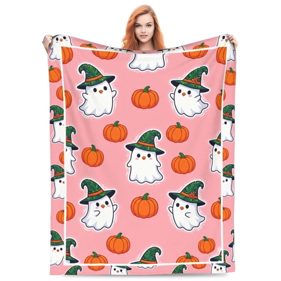 Halloween Pink Flannel Blanket, Ghost Pumpkin Throw Blanket Lightweight Blankets Plush Throw Blanket Soft Living Room Couch Bed Blanket 50x40