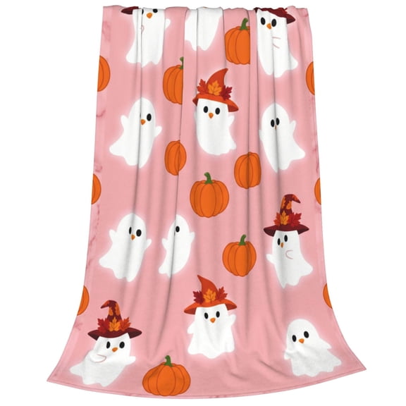 Halloween Pink Flannel Blanket, Ghost Pumpkin Throw Blanket Lightweight Blankets Plush Throw Blanket Soft Living Room Couch Bed Blanket 50x40