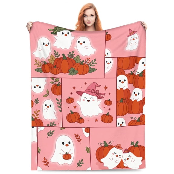 Halloween Pink Flannel Blanket, Ghost Pumpkin Throw Blanket Lightweight Blankets Plush Throw Blanket Soft Living Room Couch Bed Blanket 50x40