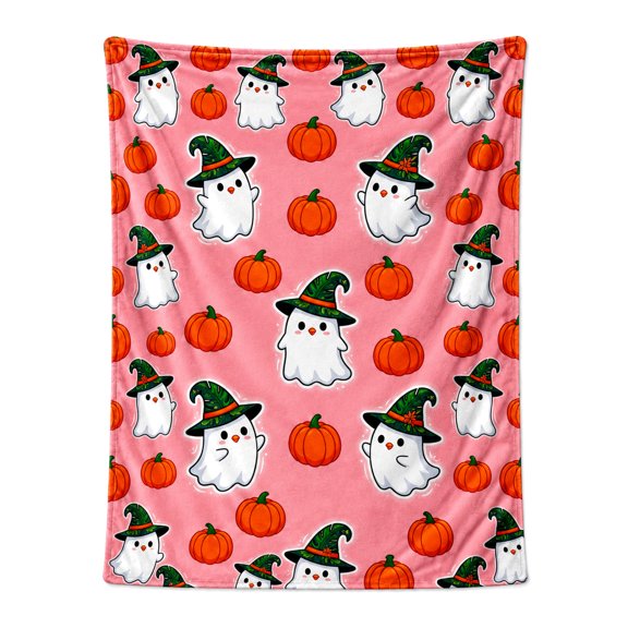 Halloween Pink Flannel Blanket, Ghost Pumpkin Throw Blanket Lightweight Blankets Plush Throw Blanket Soft Living Room Couch Bed Blanket 50x40