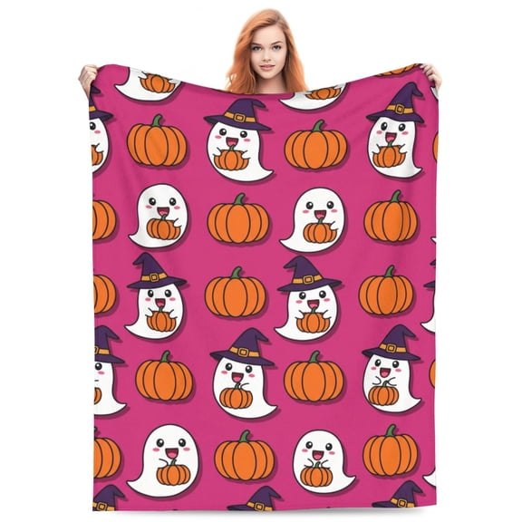 Halloween Pink Flannel Blanket, Ghost Pumpkin Throw Blanket, Lightweight Plush Blanket, Soft Blanket for Living Room Couch Bed 50x40