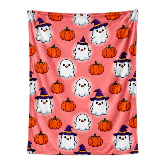 Halloween Pink Flannel Blanket, Ghost Pumpkin Throw Blanket, Lightweight Plush Blanket, Soft Blanket for Living Room Couch Bed 50x40