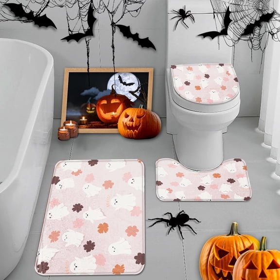 Halloween Pink Ghost Bathroom Rug Set of 3,Cute Flower 3 Pieces Bath Mats Set, No Silp Washable Cover Floor Rug Decorations for Kitchen Bathroom