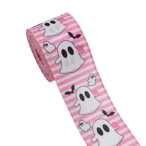 Halloween Pink Ghost Bats Faux Linen Ribbon 5 Yards, Spooky Cute Craft Ribbon for Gift Wrapping DIY Wreath Bow