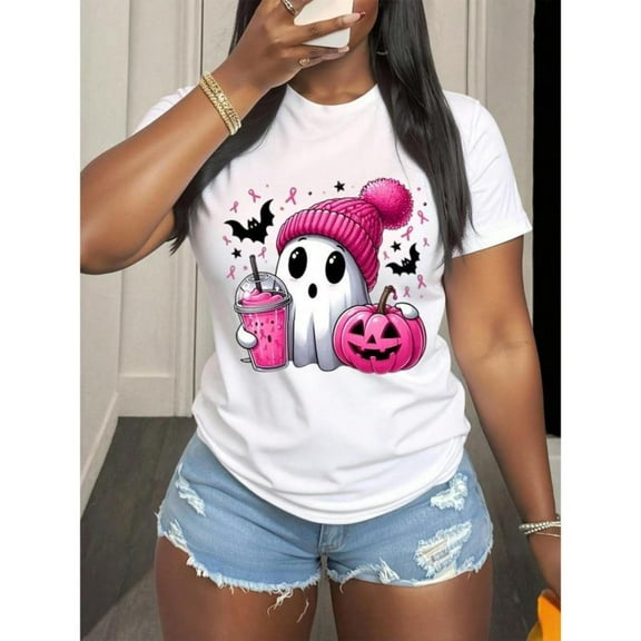 Halloween Pink Ghost October Graphic Tee T-Shirt Top Pink Ribbon Comfort Cotton Casual White S-5XL