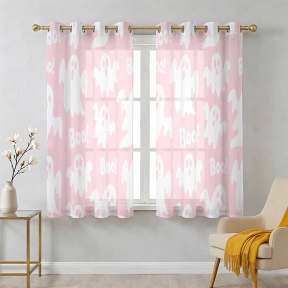 Halloween Pink Ghost Sheer Curtains 39 Inch Long 2 Panels, Retro Pink Horror Boo Ghosts Light Filtering Semi Sheer Drapes Grommet Voile Window Curtain for Living Bedroom W27.9 x L39