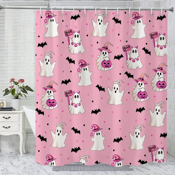 Halloween Pink Ghost Shower Curtain, Holiday Bathroom Decor, Polyester Fabric Waterproof Machine Washable, Halloween Home Party Decoration, 72 x 72 Inches