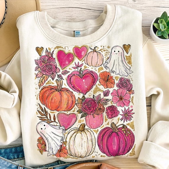 Halloween Pink Ghost Sweatshirt, girly Pink Pumpkin Sweatshirt, Boho Floral Fall Sweatshirt, Halloween Sweatshirt, Autumn Vibes Shirt, Spooky Season Shirt, glitter fall TH040617