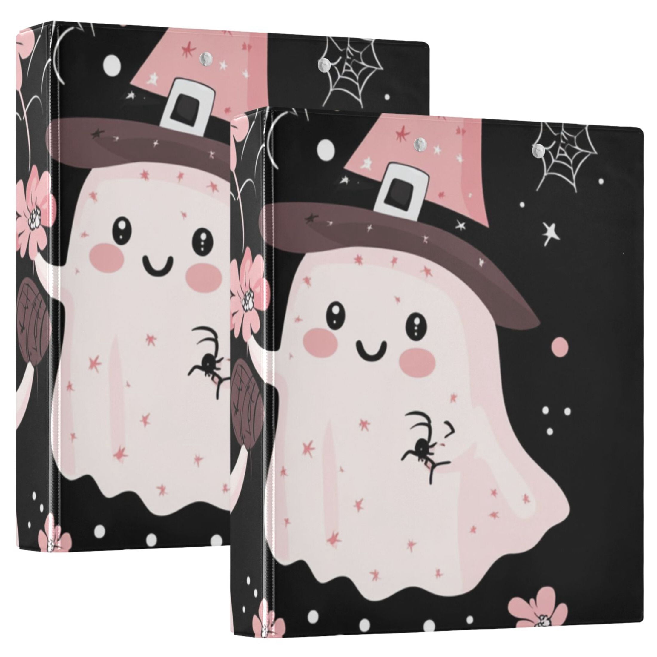 Halloween Pink Ghosts Flowers 3 Ring Binders 1.5 inch Hardcover File Folders with Interior Pockets A4 Size Organizer for School Office Hospital
