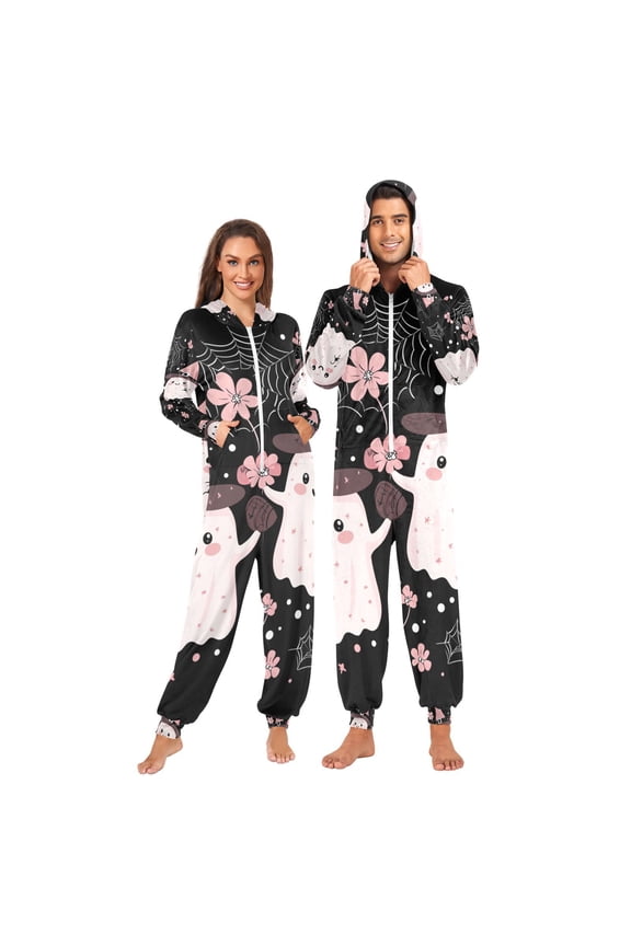 Halloween Pink Ghosts Flowers Adult Onesie Pajamas Slim Fit Christmas One Piece Suit Pjs for Women and Men Hooded Zipper