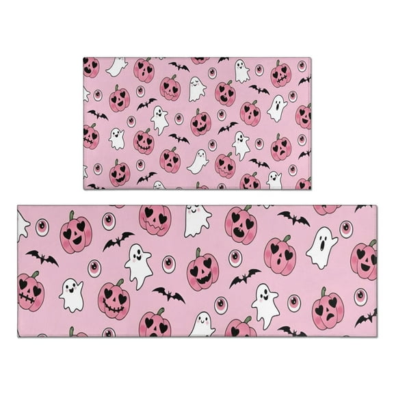 Halloween Pink Ghosts and Heart Pumpkins Kitchen Rugs Sets Of 2,Anti Fatigue Kitchen Mat Rugs Non Slip Washable,Decorative Kitchen Floor Mats for Kitchen,Sink,Laundry,17"x30"+17"x47"