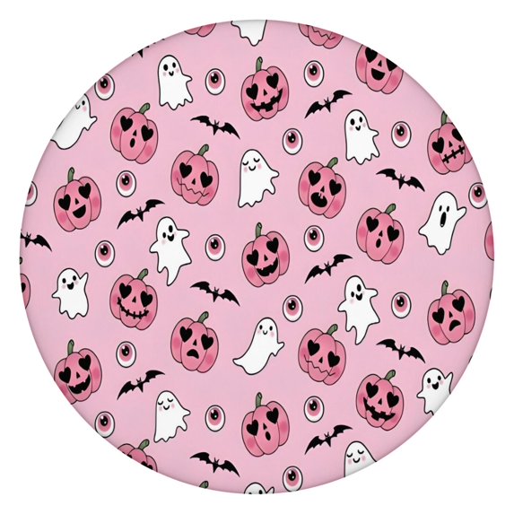 Halloween Pink Ghosts and Heart Pumpkins Round Fitted Tablecloth with Elastic Edge,Dining Table Cover Waterproof,Outdoor Round Tablecloth for Camping,Dining,Indoor and Outdoor