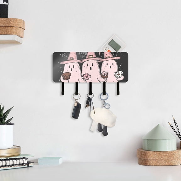 Halloween Pink Ghosts Key Holder for Wall Mail Holder Organizer with 5 Key Hooks Wall Mount Key Rack with Shelf