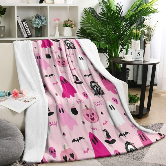 Halloween Pink Ghosts and Witchy Elements Blanket,Comfortable Soft Flannel Throw Blanket,All Season,Warm Lightweight Blankets for Sofa Bed Couch Living Room Chair,60"x80"