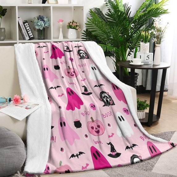 Halloween Pink Ghosts and Witchy Elements Blanket,Comfortable Soft Lamb Wool Throw Blanket,All Season,Warm Lightweight Blankets for Sofa Bed Couch Living Room Chair,40"x50"