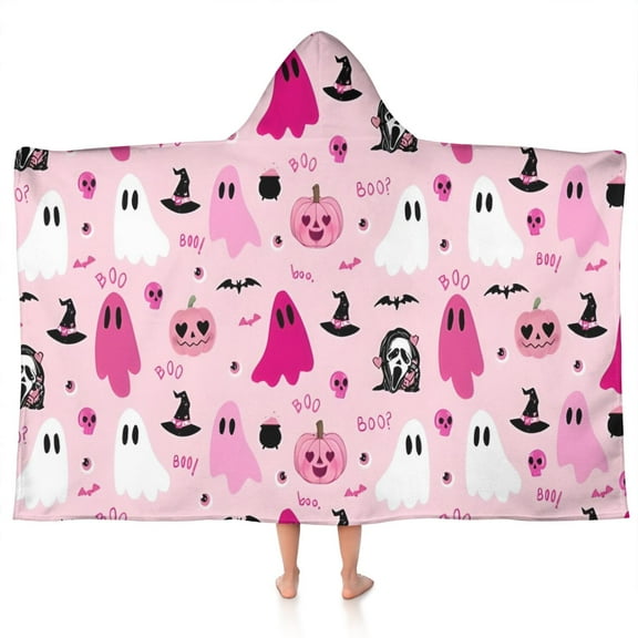 Halloween Pink Ghosts and Witchy Elements Hooded Bath Towel，50"x30" for Ages 3 To 12 Kids, Quick Dry Lightweight Soft Microfiber Hood Beach Towel Cover Up for Kids