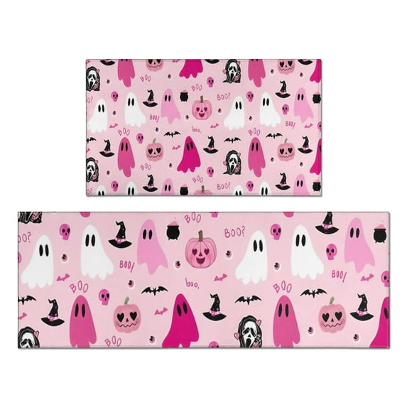 Halloween Pink Ghosts and Witchy Elements Kitchen Rugs Sets Of 2,Anti Fatigue Kitchen Mat Rugs Non Slip Washable,Decorative Kitchen Floor Mats for Kitchen,Sink,Laundry,17"x30"+17"x47"