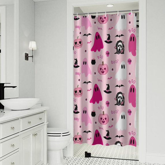 Halloween Pink Ghosts and Witchy Elements Shower Curtain 36"x72" ,Bathroom Decorative Shower Curtains Set with 12 Hooks,Modern Waterproof Washable Shower Curtain