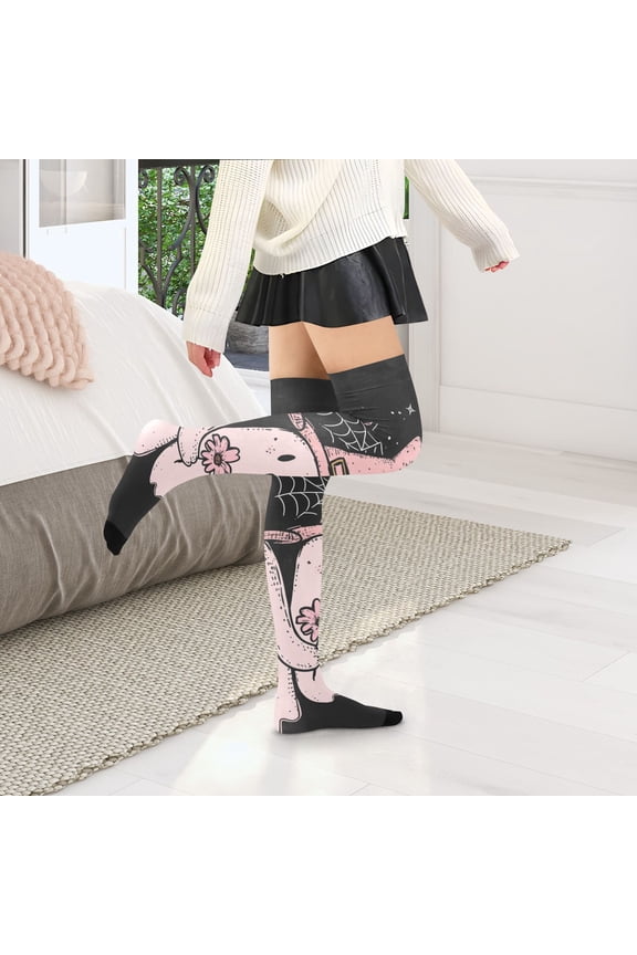 Halloween Pink Ghosts Womens Thigh High Stocks Over Knee High Socks Thigh Tigh Boot Stockings