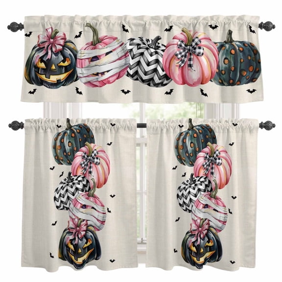 Halloween Pink Pumpkins Kitchen Curtains Sets for Windows 24 Inch Length, Fall Evil Bat Vintage Rod Pocket Window Treatments Tier Curtains and Valances Set for Bedroom/Bathroom